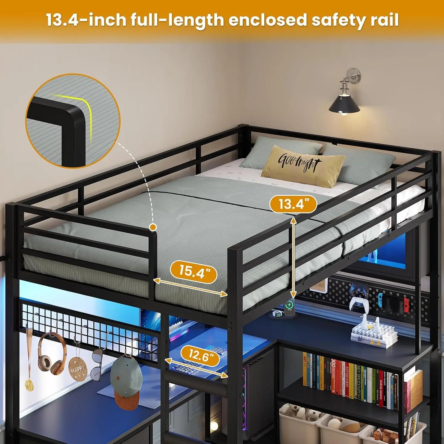 Twin Loft Bed L-Shaped Gaming Desk Storage Hutch Power Outlet Metal Frame RGB Lights Space Saving Teens Black, Customized