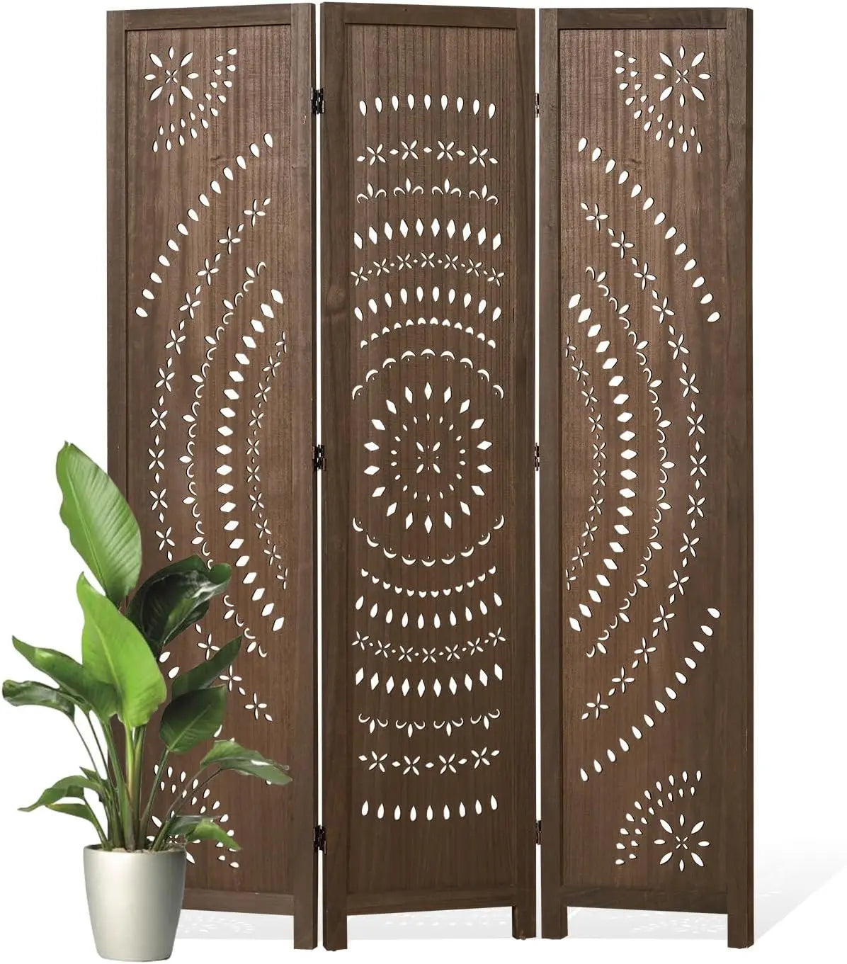 3-Panel Wood Carved Folding Room Divider, Freestanding Privacy Screen