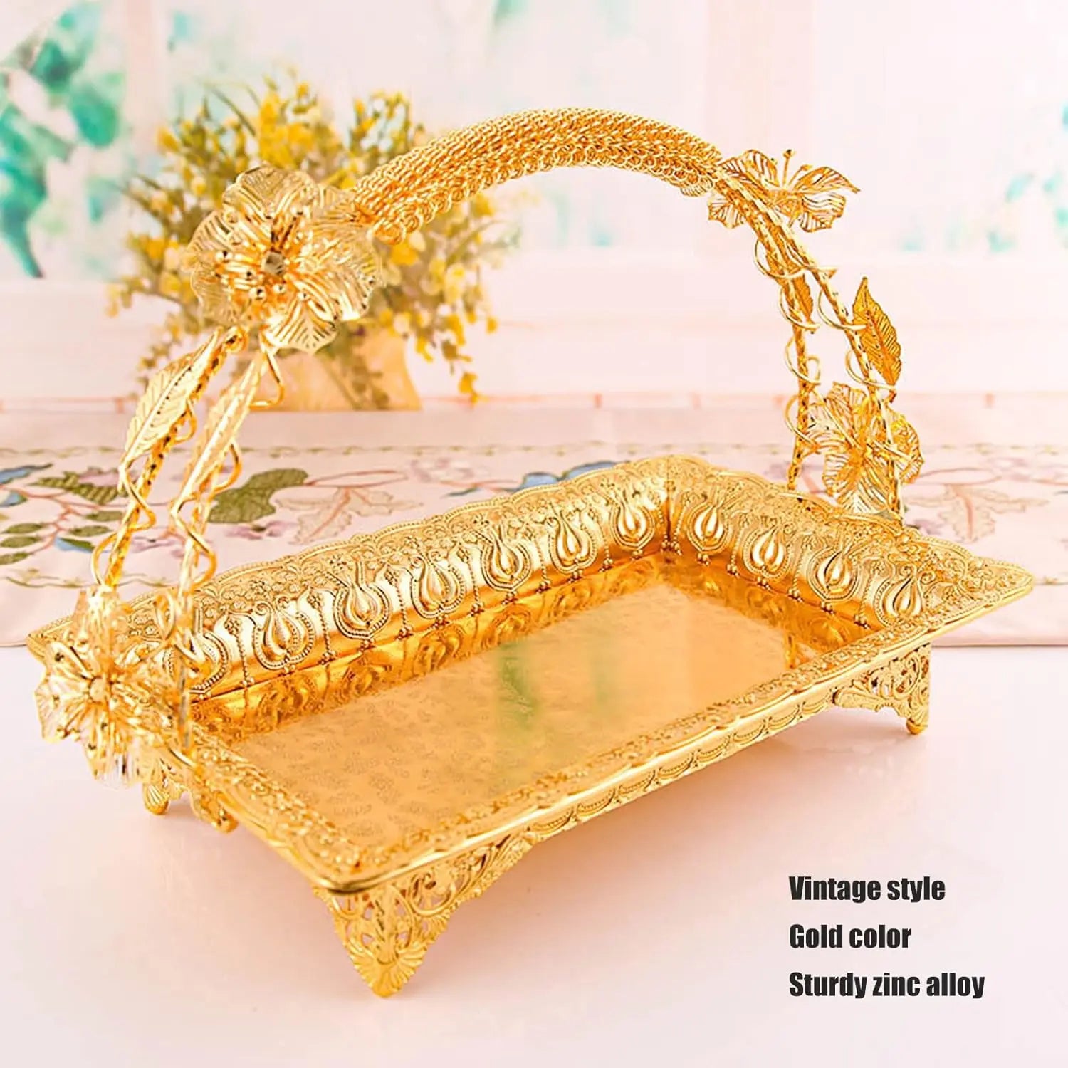 Vintage Gold Zinc Alloy Coffee Serving Tray Sturdy Durable Metal with Handles