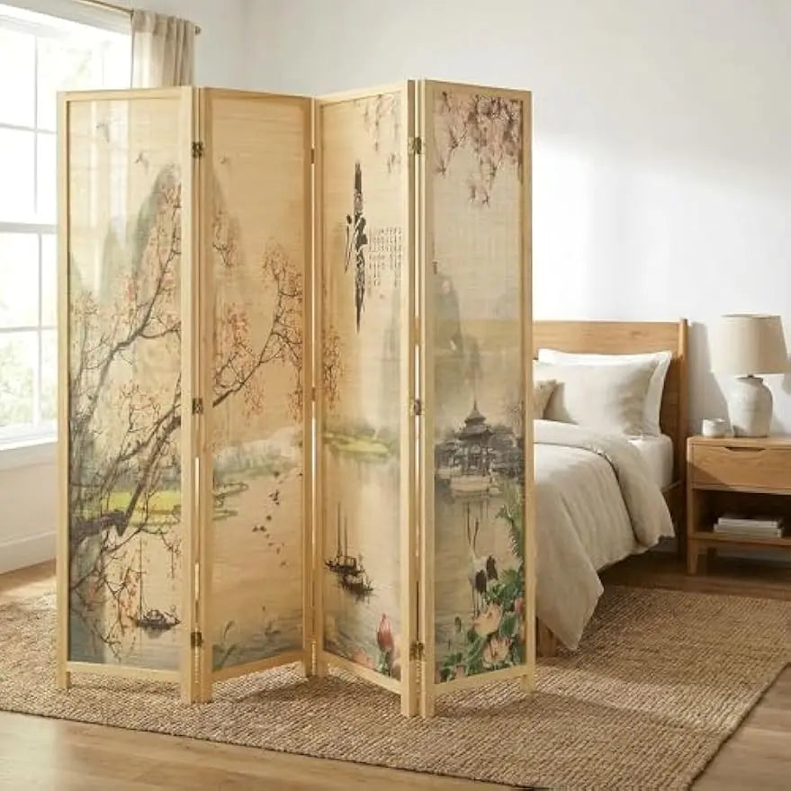 6FT Folding Bamboo Room Divider with Cherry Blossom Scene, Beige Wood Frame