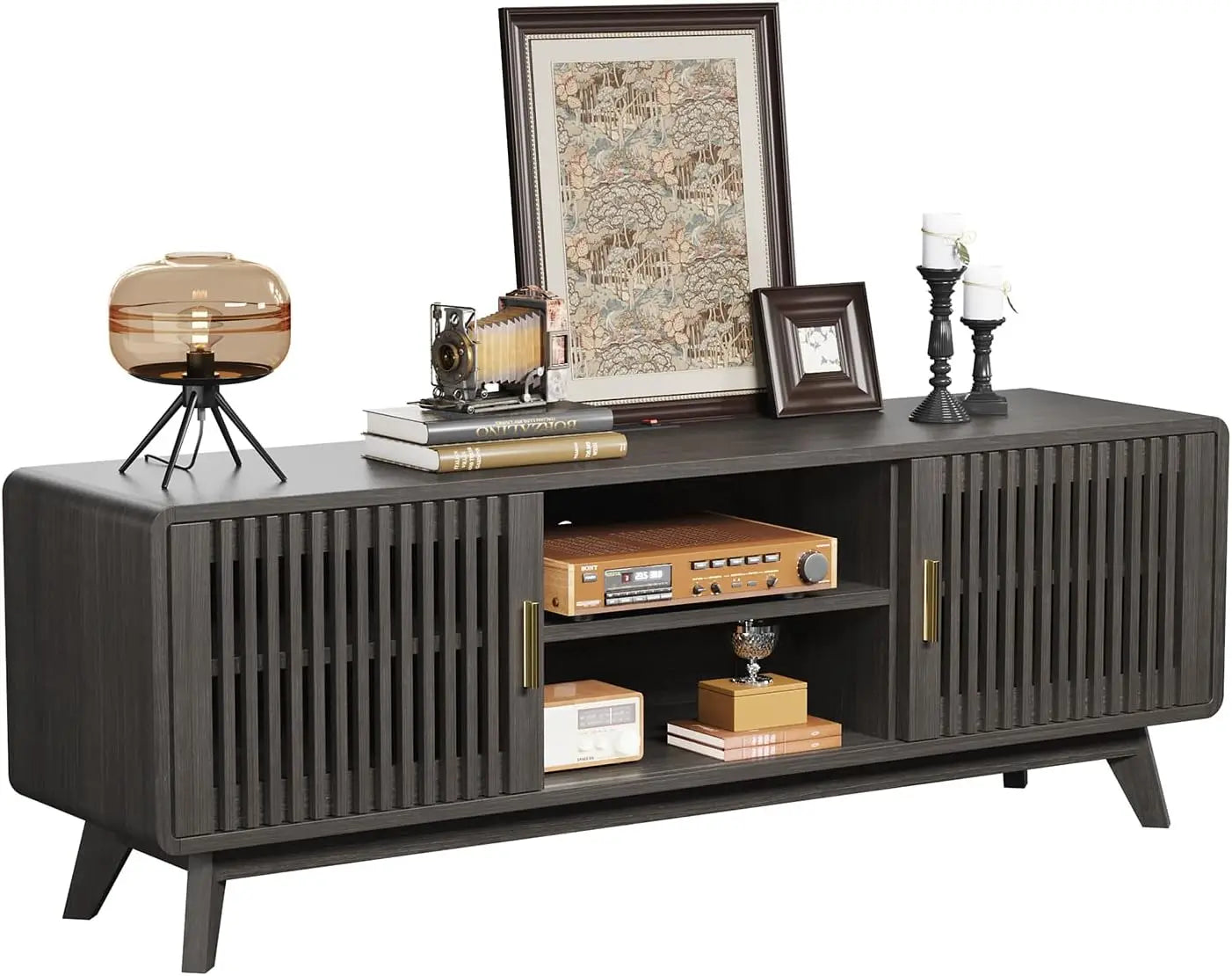 TV Console with 2 Sliding Doors in Grille Design & Charging Station, for Living