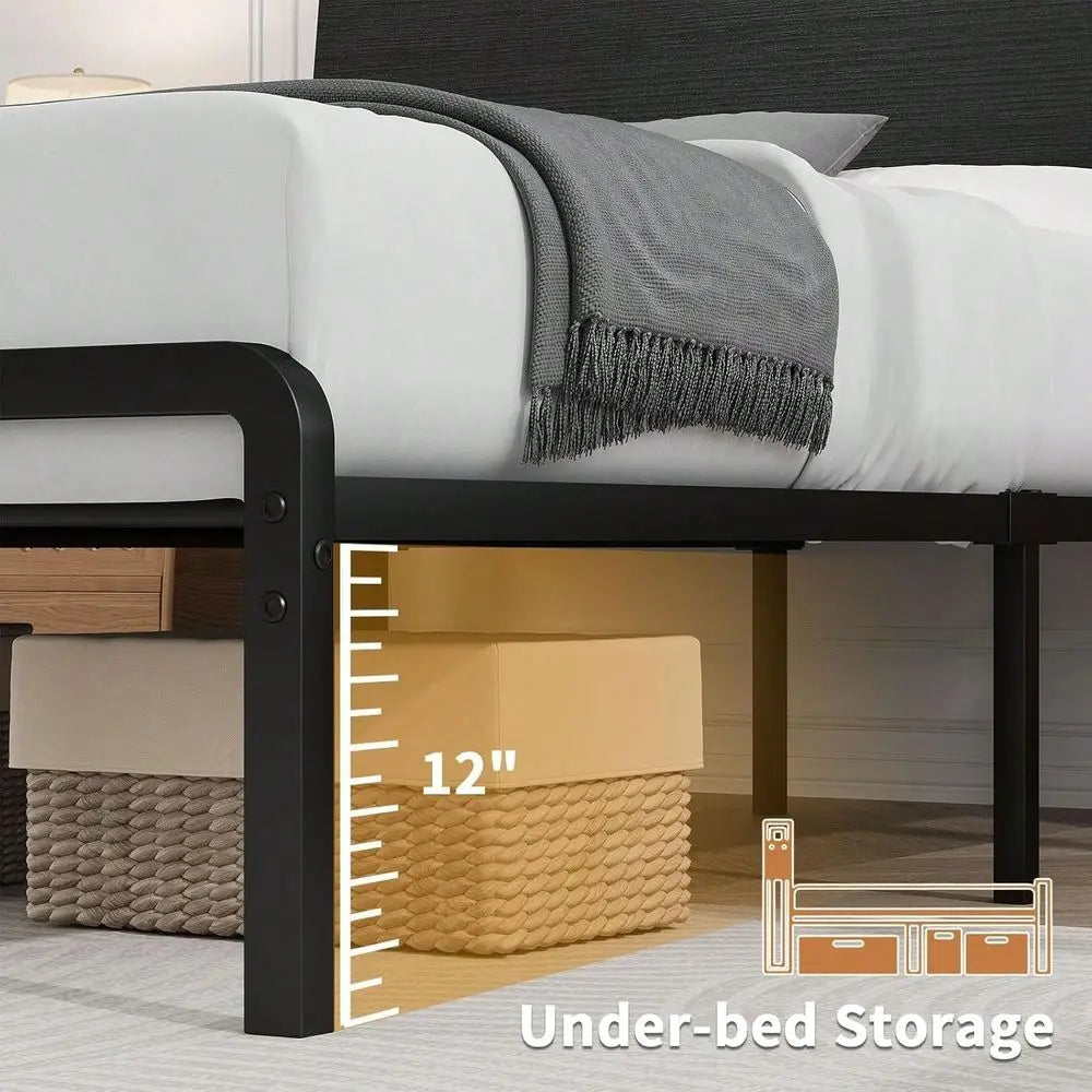 Full Queen Bed Frame With LED Lights, Metal Bed Frame With Wooden Headboard