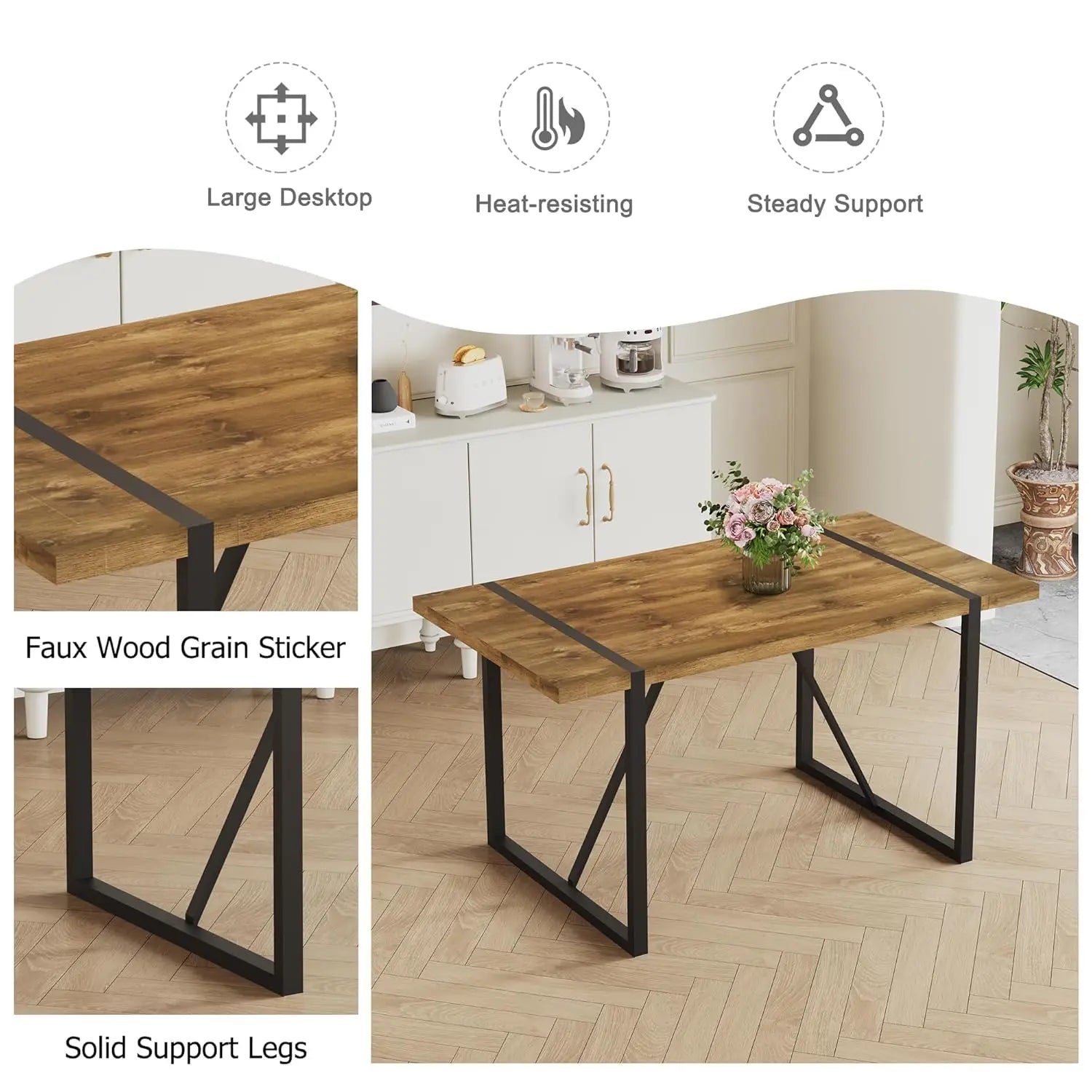 Rustic 5 Piece Dining Set Mid Century 55in Rectangle Wood Table Fabric Chairs