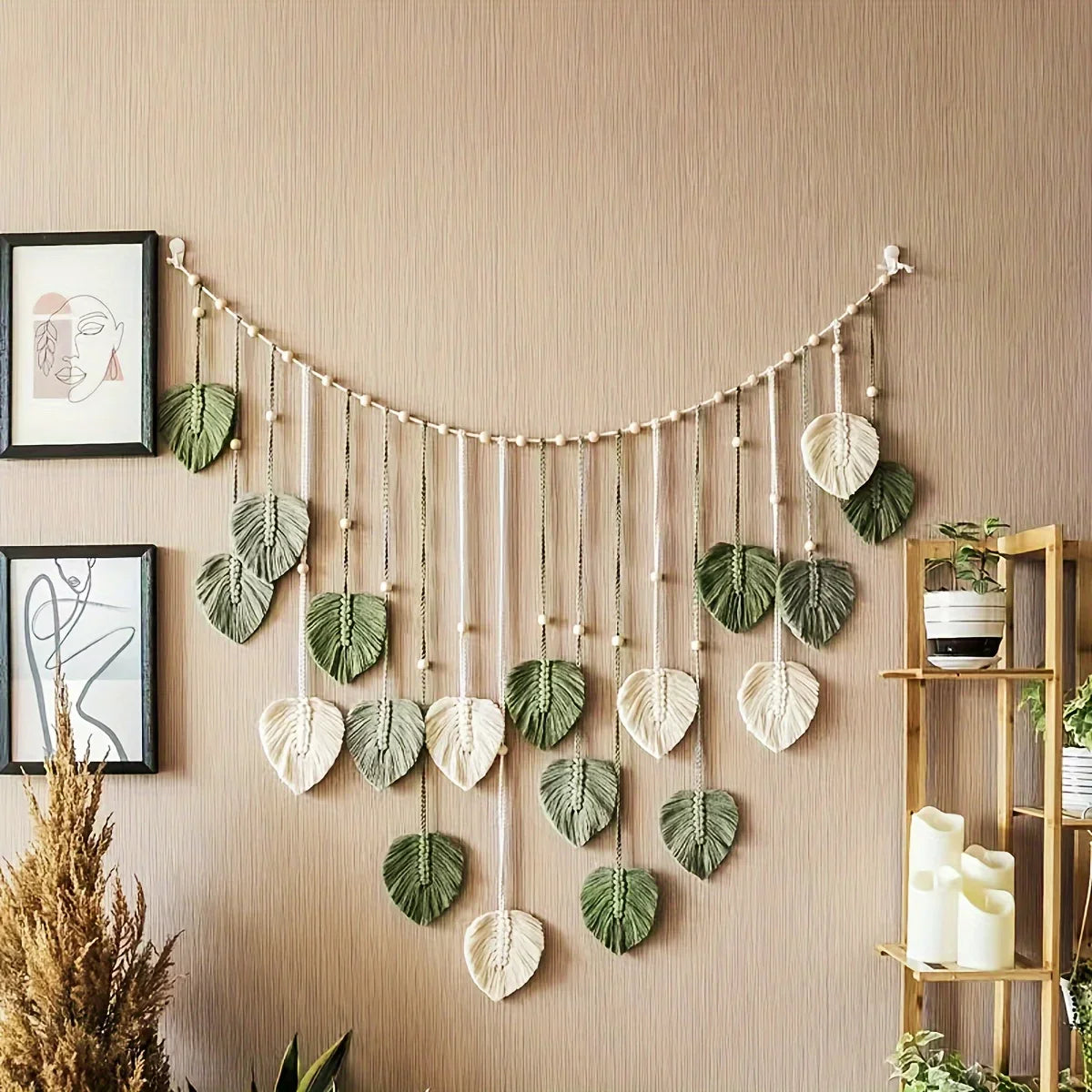Modern Woven Wall Decor, Beautiful Room Decor, Green Leaves Hanging on The Walls