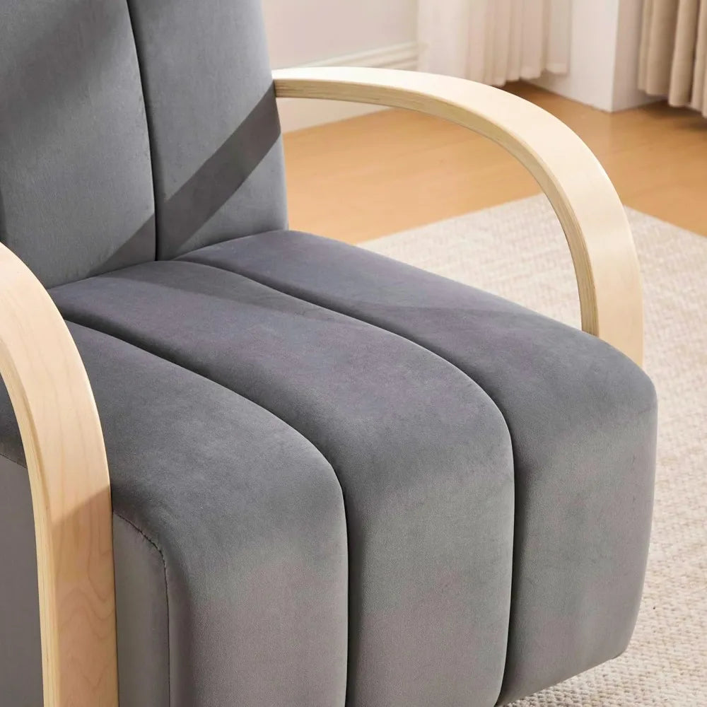 Swivel Accent Chair with Solid Wood Armrests and Comfy Channel Tufted