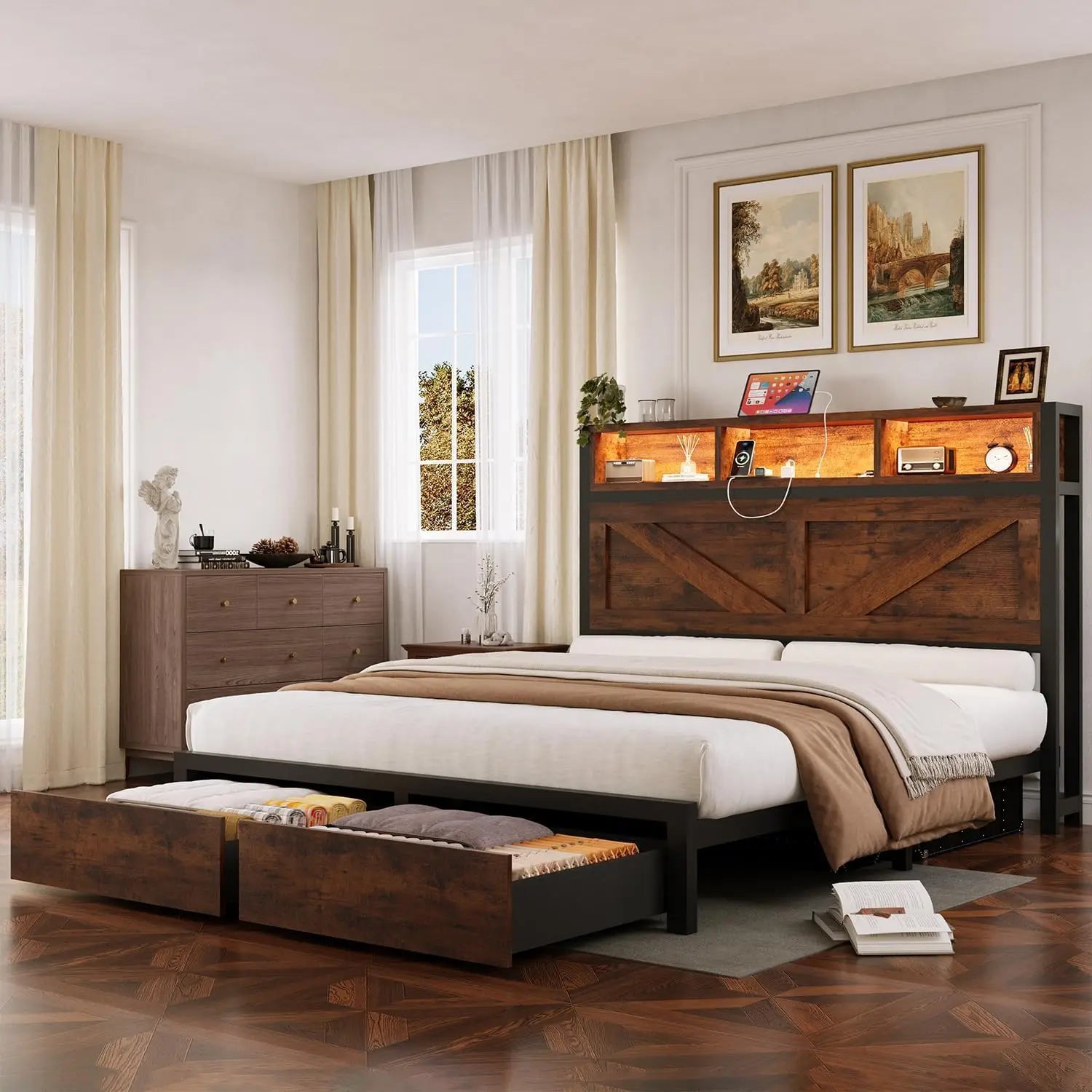 Metal Bar Bed Frame — Full & Queen, White & Black