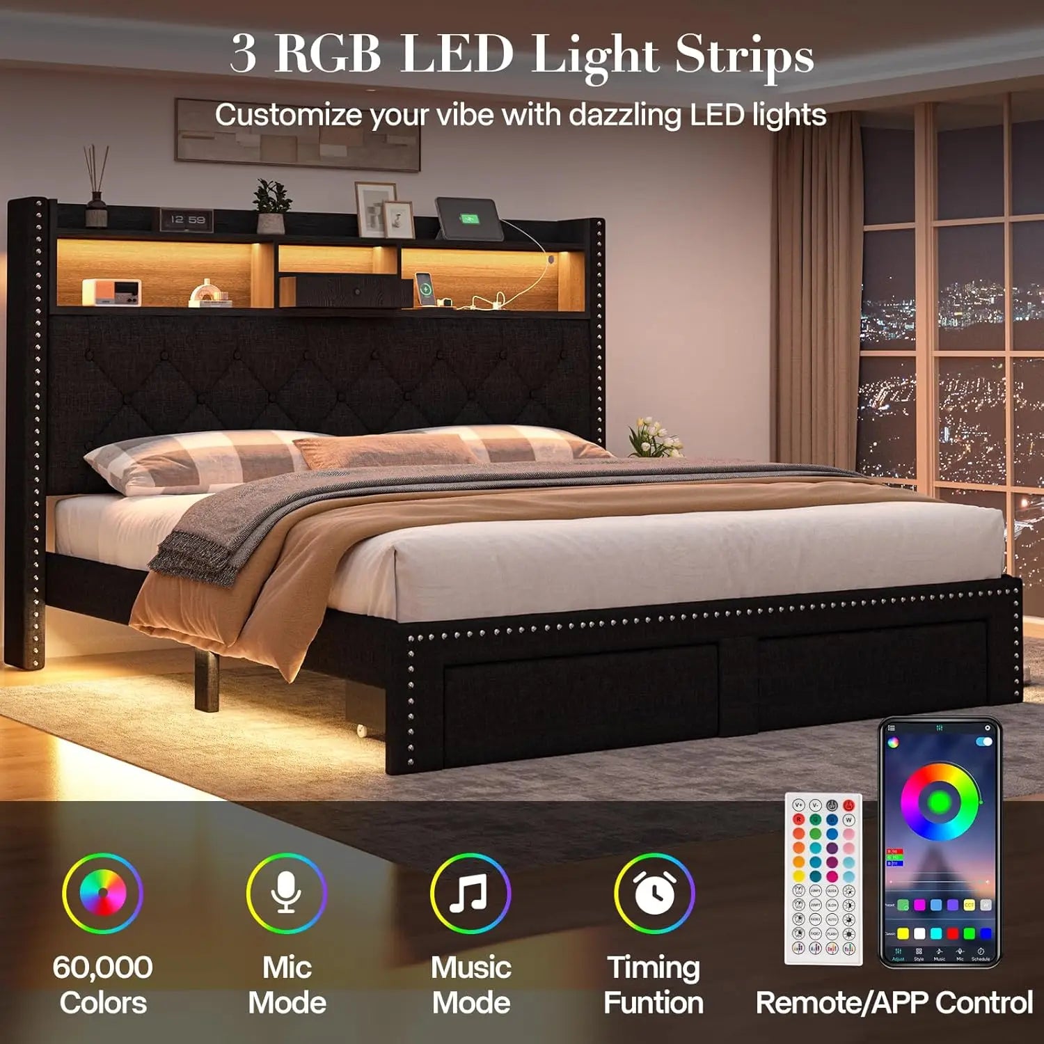 Linen Full Size Bed Frame with 2-Tier Storage Headboard and Charging Station, Upholstered Platform Bed Frames with, Customized