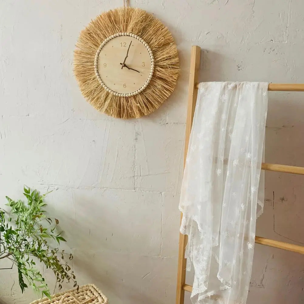 Nordic Straw Wall Clock Hand Woven Round Wall Art Decor Farmhouse Clock