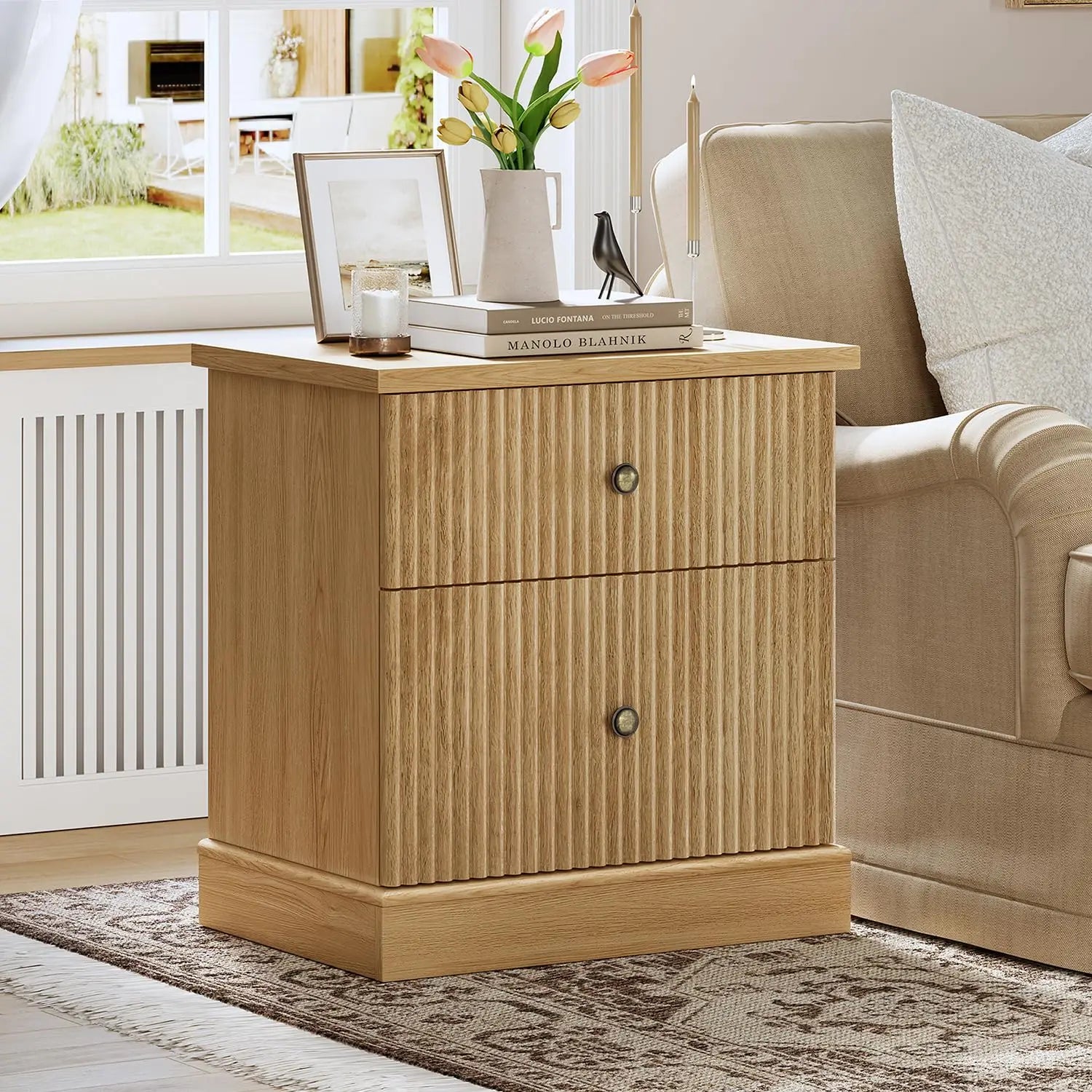 Fluted Nightstand With Drawers, Mid-Century Modern Bedside Table, Slim