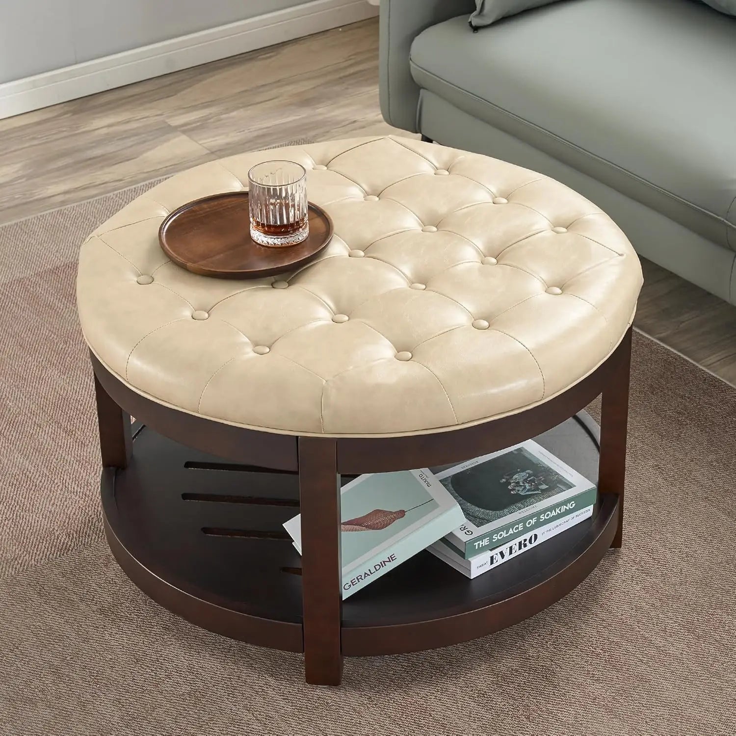 Large Round Ottoman Coffee Table with Storage, Upholstered Button Tufted