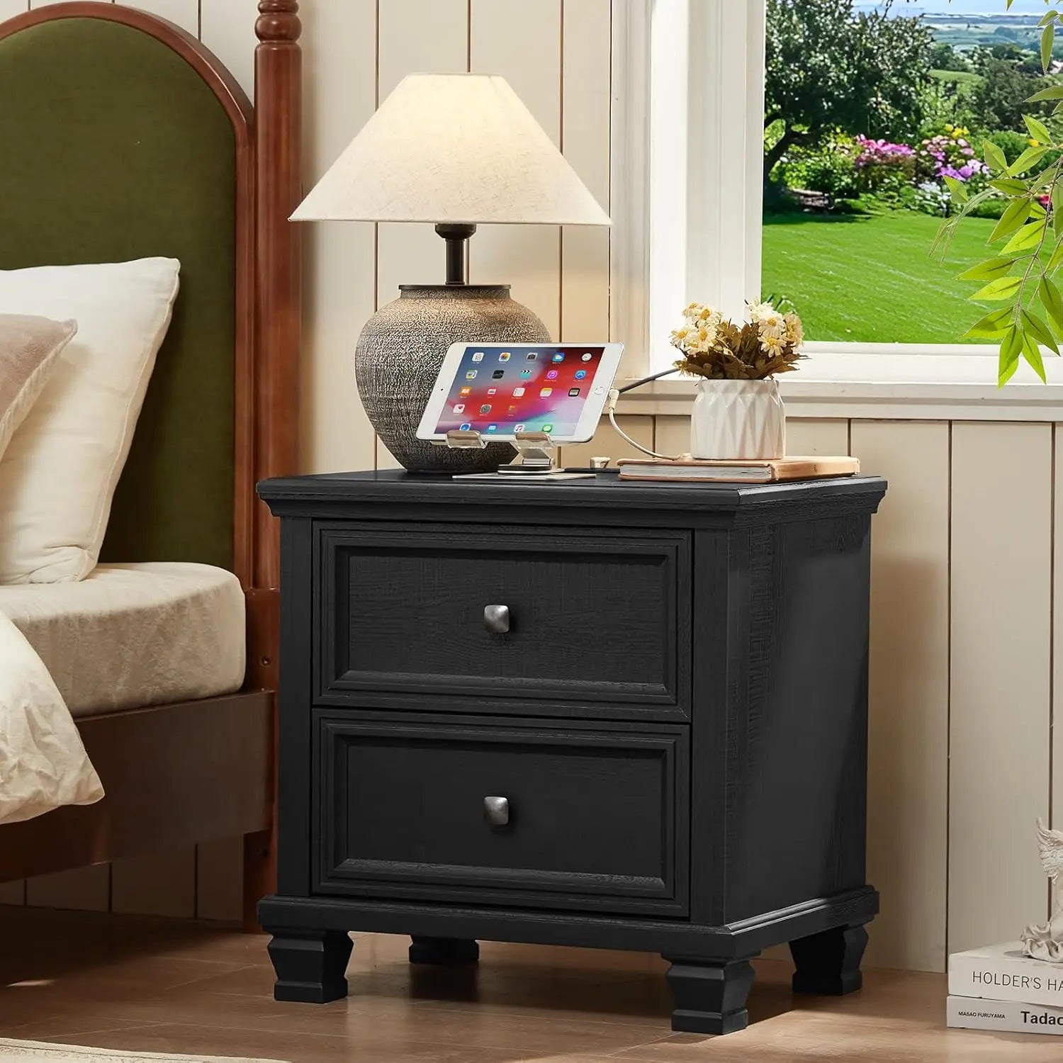 Farmhouse Nightstand Set of 2, Rustic Black Nightstands Vintage Wooden