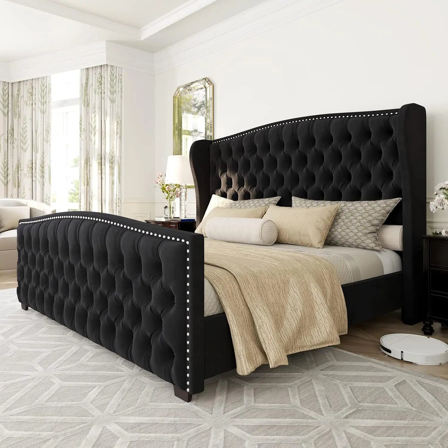King Size Platform Bed Frame Velvet Upholstered Deep Button Tufted Box