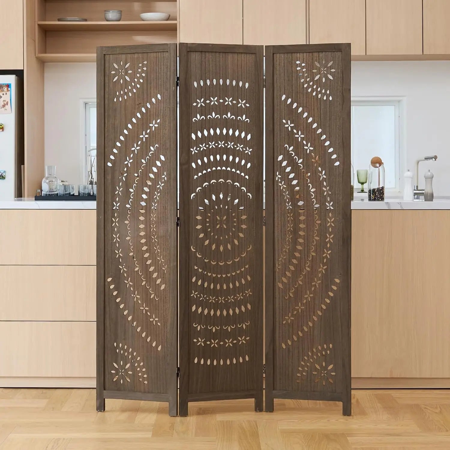 3-Panel Wood Carved Folding Room Divider, Freestanding Privacy Screen