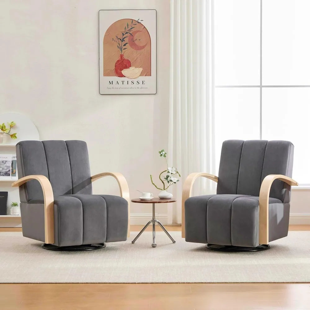 Swivel Accent Chair with Solid Wood Armrests and Comfy Channel Tufted