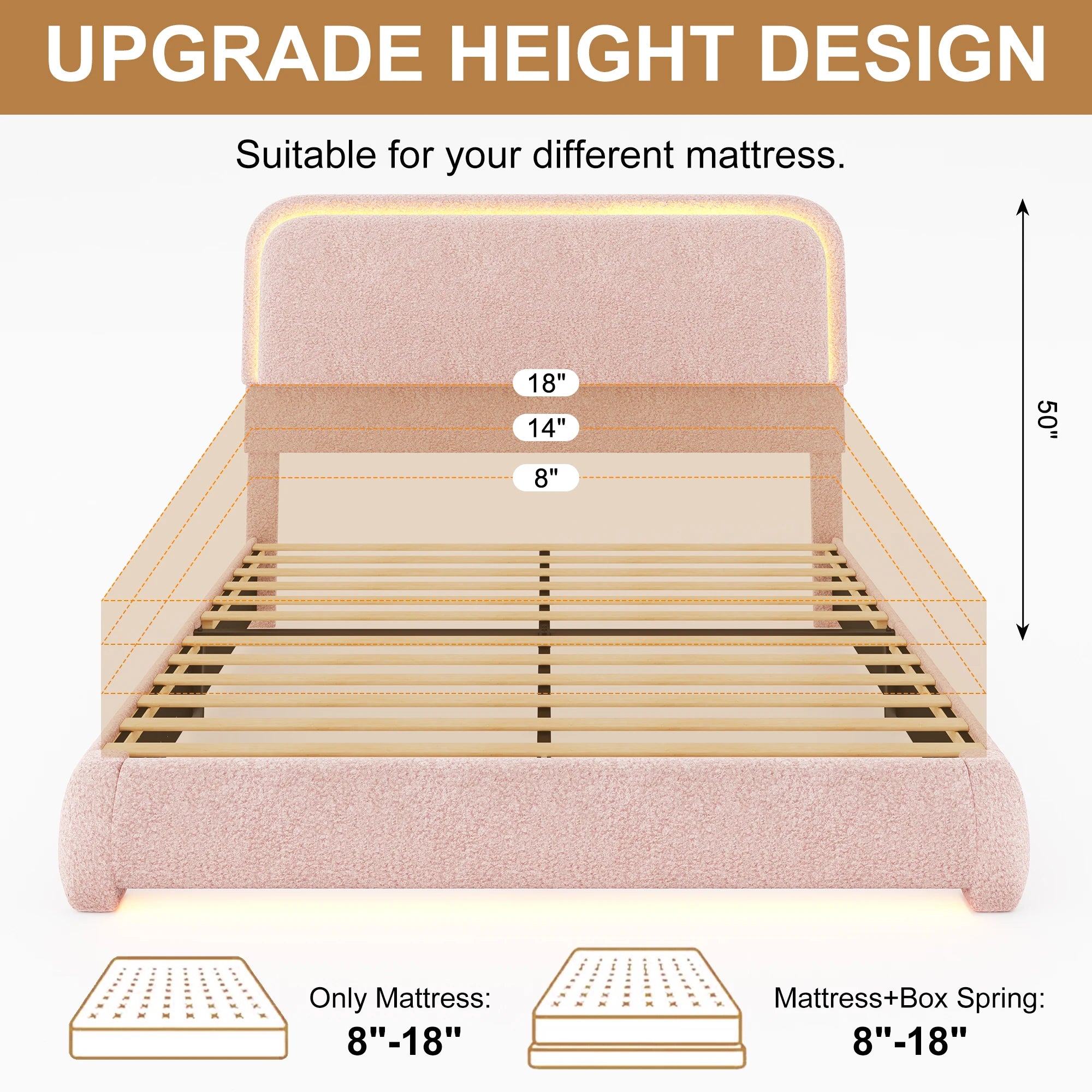 Full Size LED Bed Frame with Storage Drawers, Teddy Upholstery, Rounded