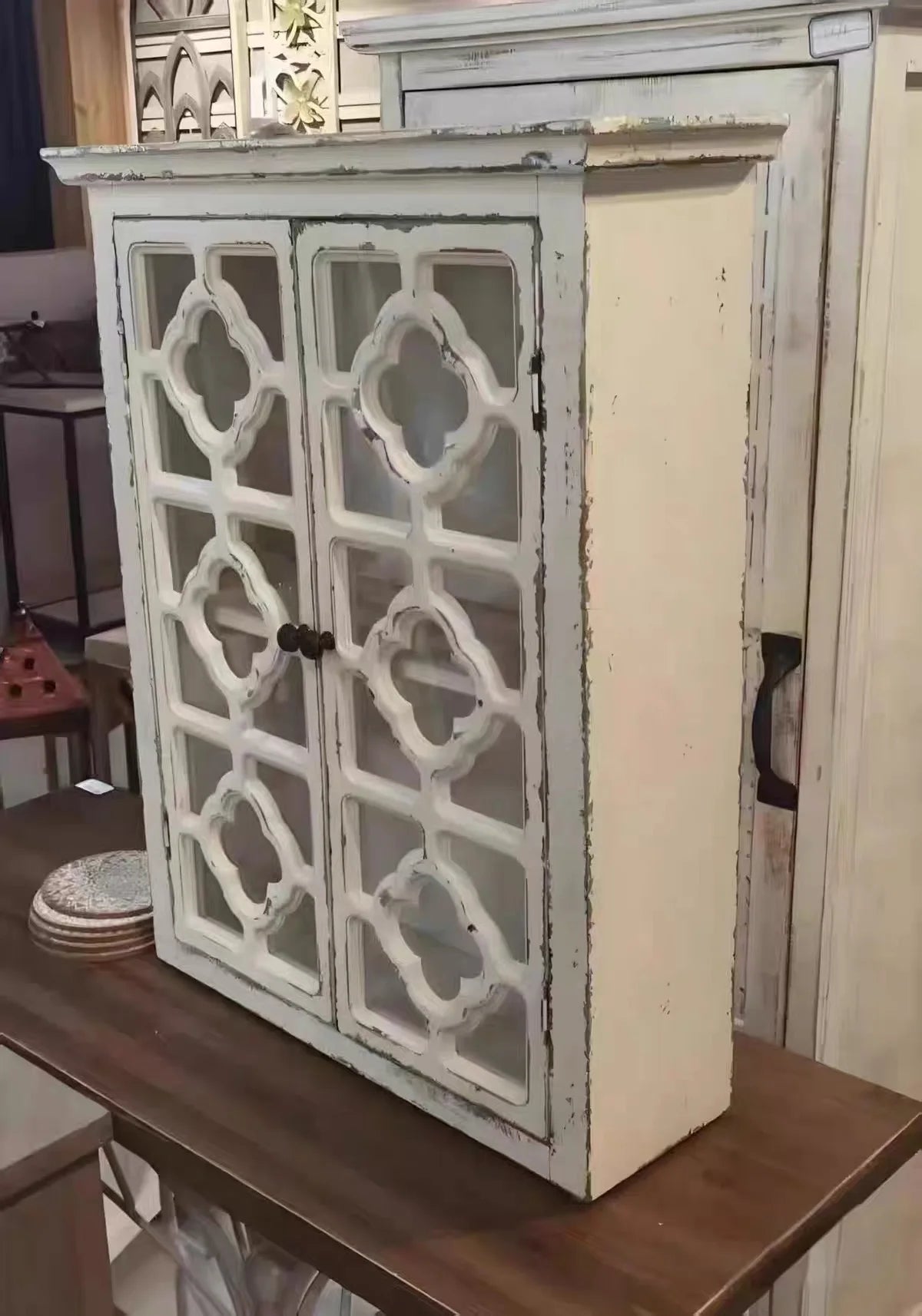 French Vintage Retro White Wooden Wall Storage Cupboard with Glass Doors