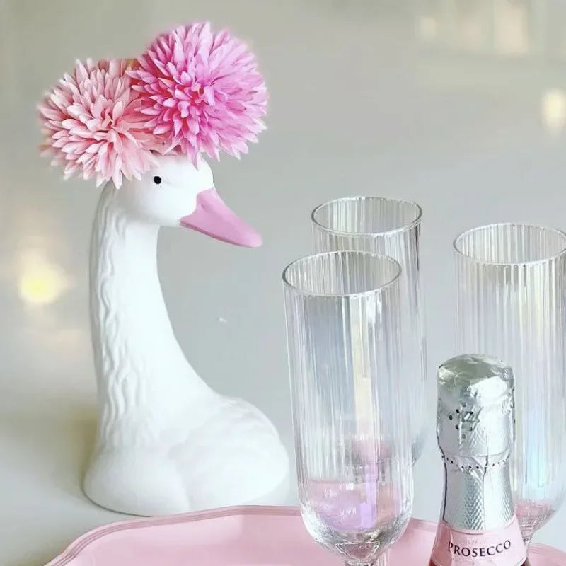 Nordic Girl Pink and White Swan Ceramic Vase Decoration, Creative Pink Goose