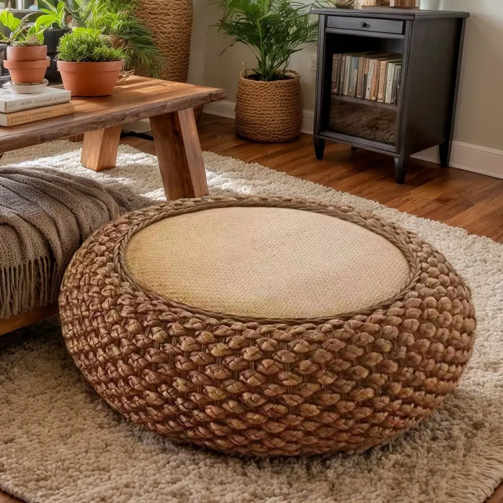 Handwoven Water Hyacinth Rattan Stool, Bohemian Round Ottoman for Bedroom