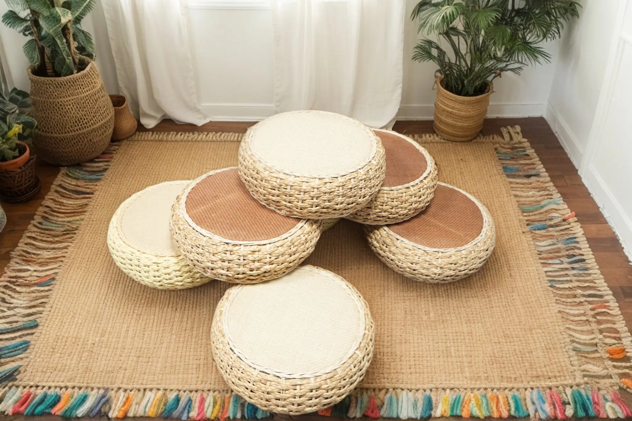 Handwoven Water Hyacinth Rattan Stool, Bohemian Round Ottoman for Bedroom