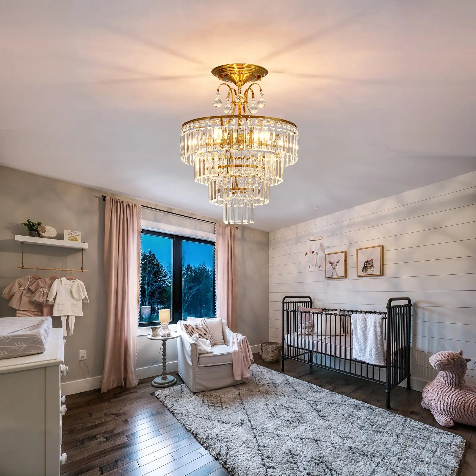 Luxury Gold Crystal Ceiling Light, Round Dimmable Semi-Flush Mount Modern