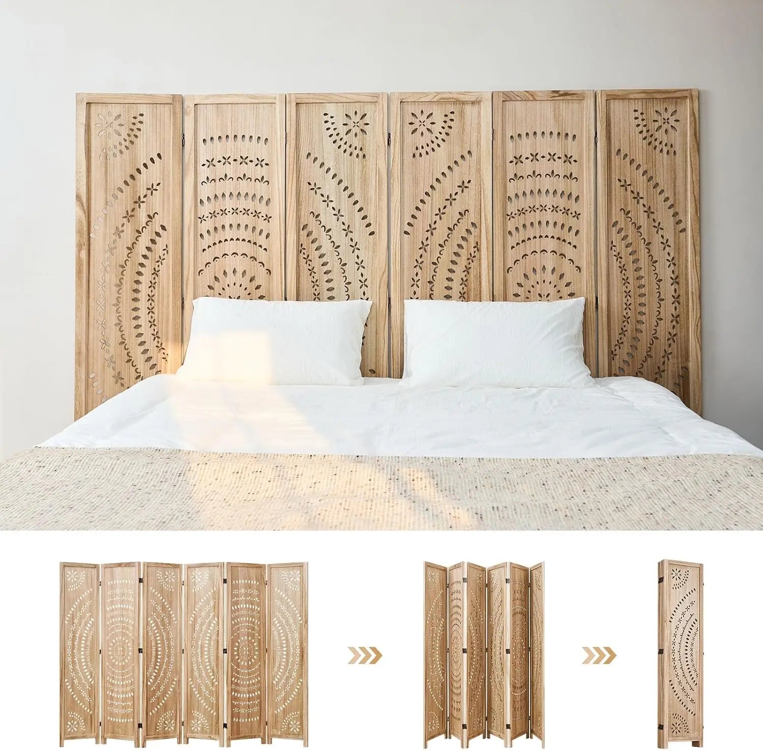 66.9Inch Folding Room Divider, 6 Panels Wood Carved Privacy Screens
