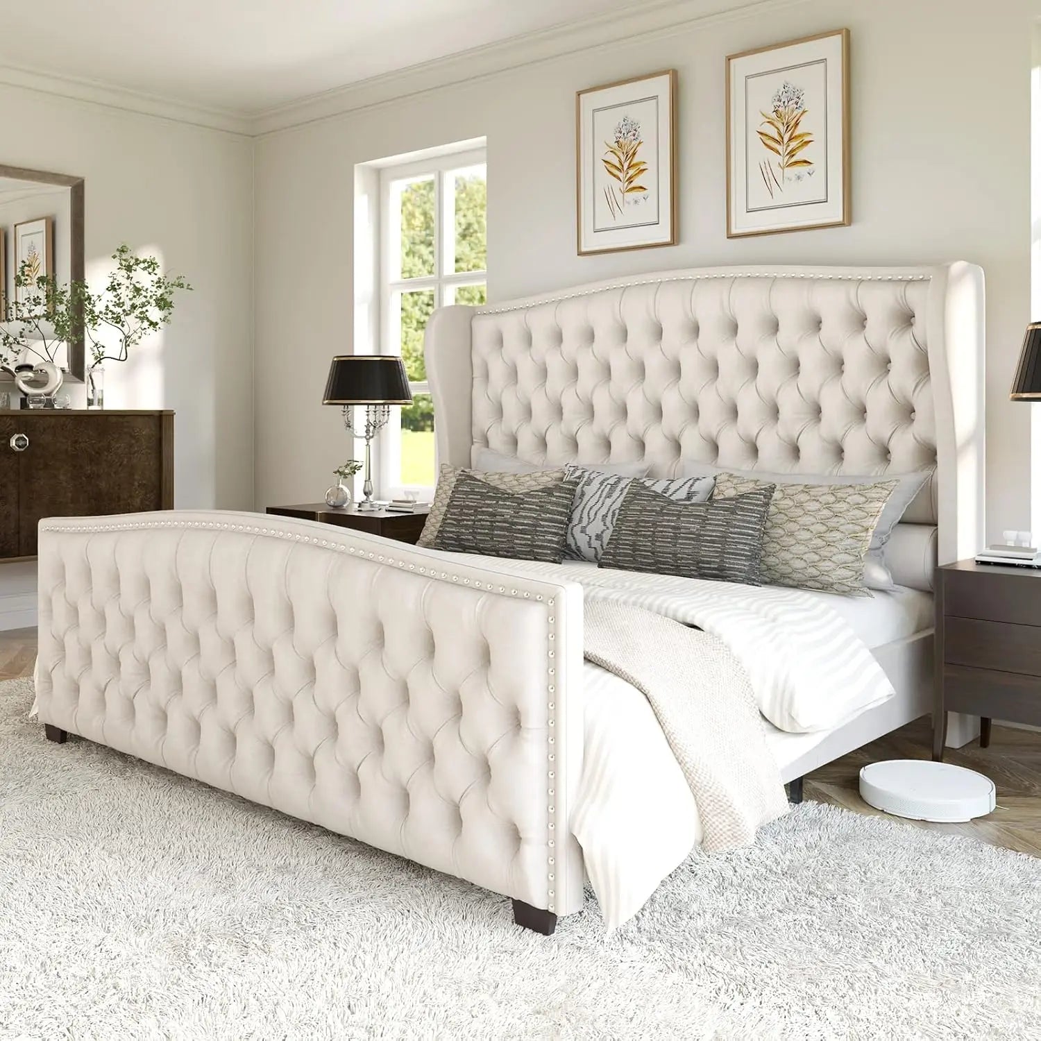 King Size Platform Bed Frame Velvet Upholstered Deep Button Tufted Box