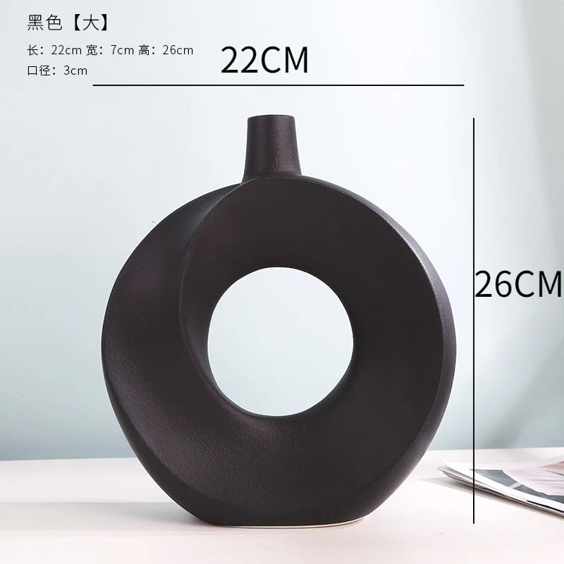 Nordic Ceramic Vase Circular Hollow Donuts Flower Pot Home Living Room