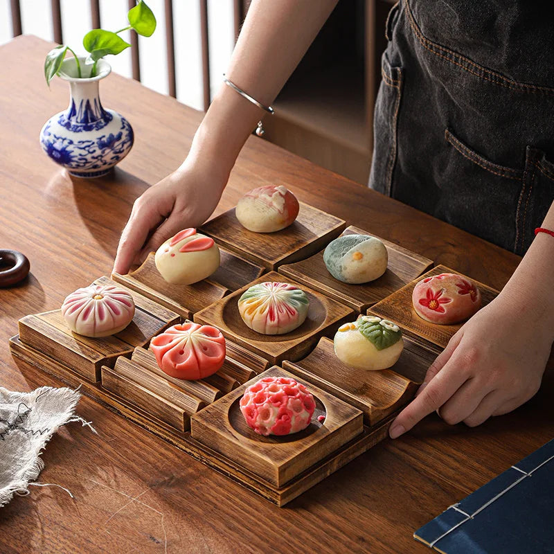 Wooden Snack Tray 9-Compartment Dessert Platter Specialty Plates Set
