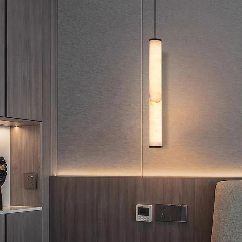 Cylindrical Natural Marble Chandelier Black Brass 3000K Indoor Bedroom Lamp
