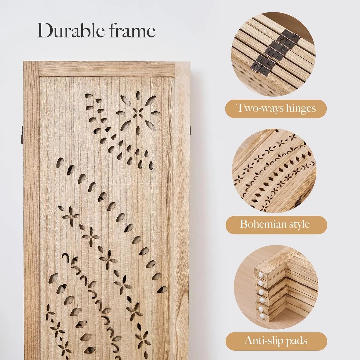 66.9Inch Folding Room Divider, 6 Panels Wood Carved Privacy Screens