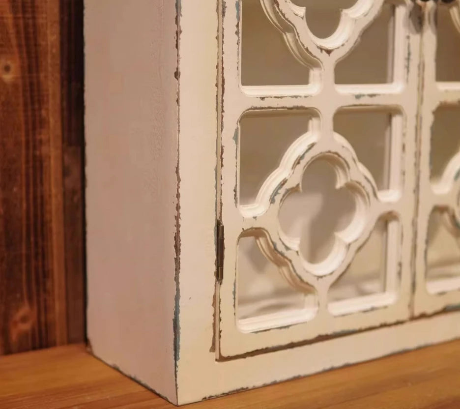 French Vintage Retro White Wooden Wall Storage Cupboard with Glass Doors