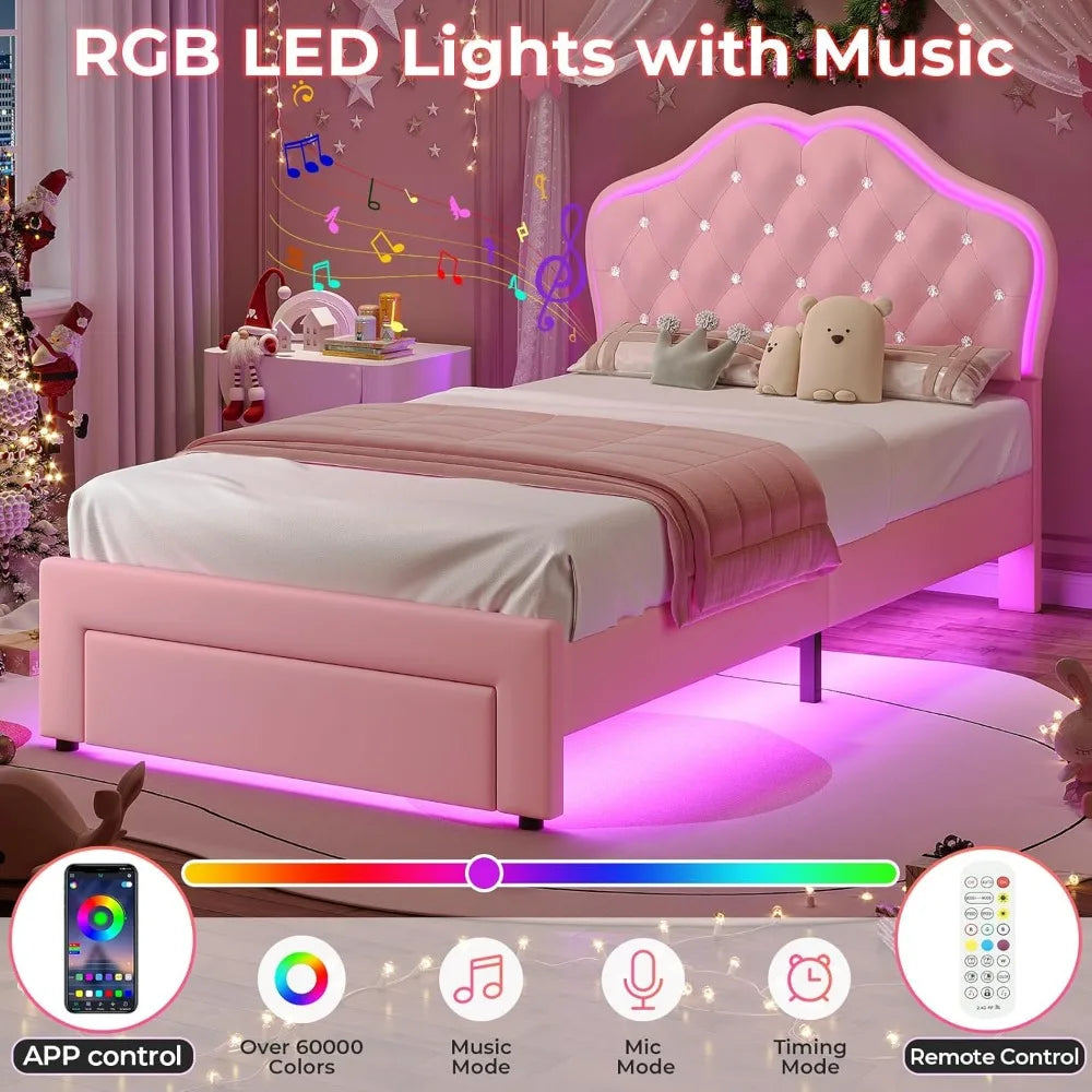 Twin Girl's Upholstered Platform Bed — LED Lights, Storage Drawer & Crystal Headboard