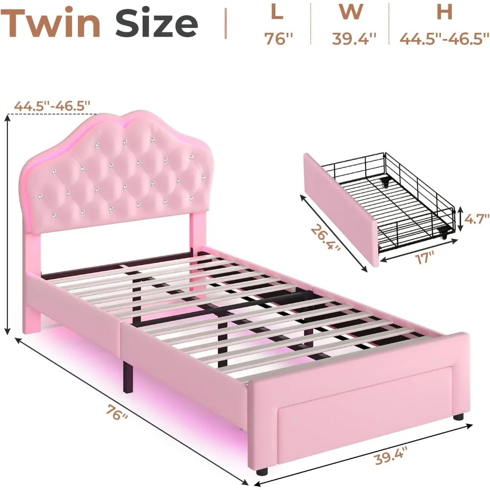 Twin Girl's Upholstered Platform Bed — LED Lights, Storage Drawer & Crystal Headboard