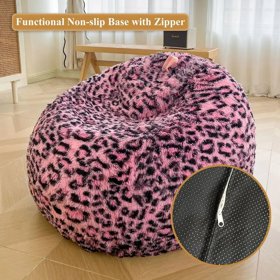 Faux Fur Leopard Print Bean Bag Chair Cover No Filler, Fluffy Pink Home Decor
