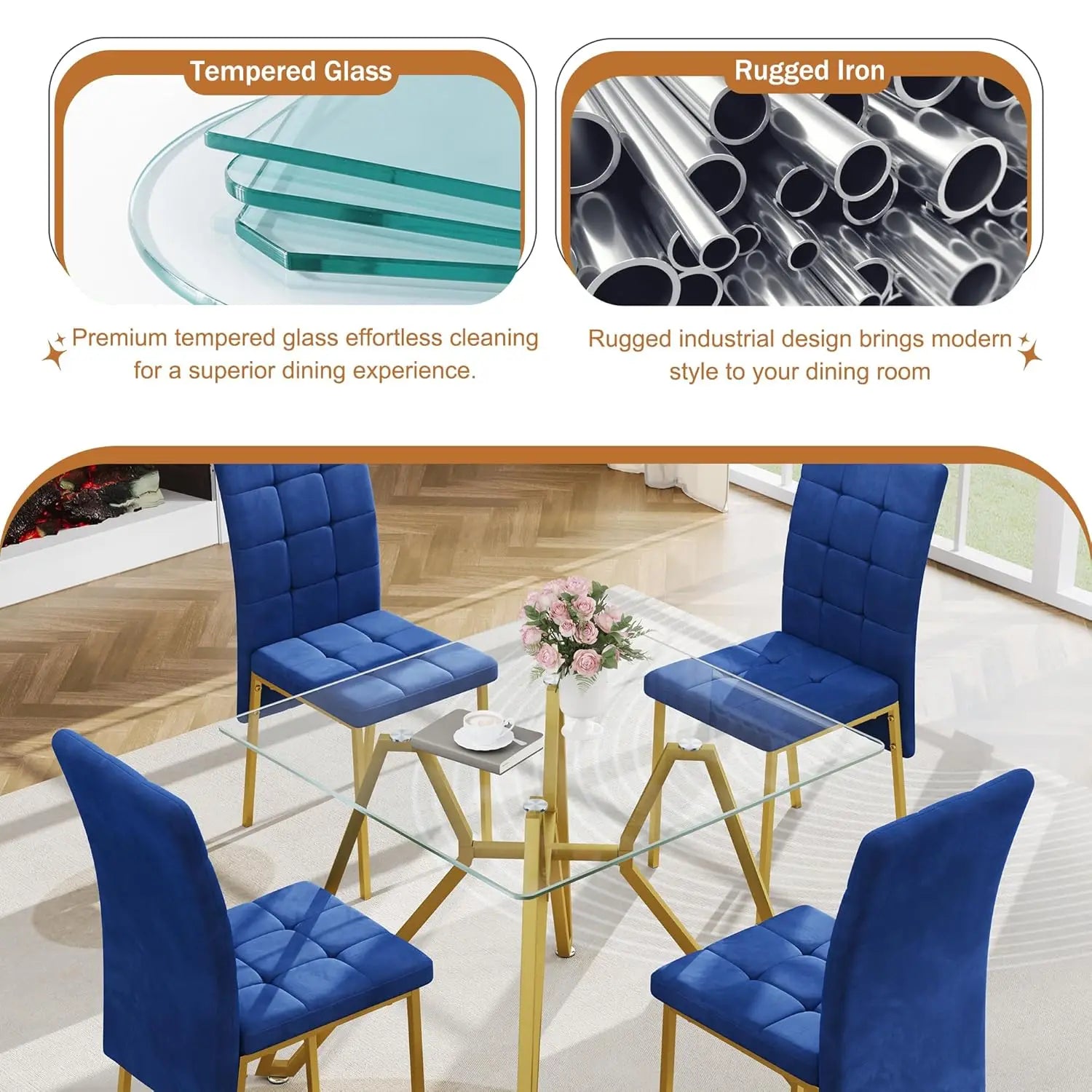 5-Piece Dining Table Set with 4 Blue Chairs, 36
