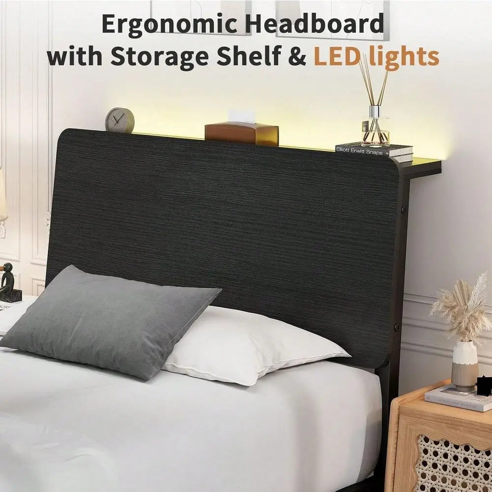 Full Queen Bed Frame With LED Lights, Metal Bed Frame With Wooden Headboard