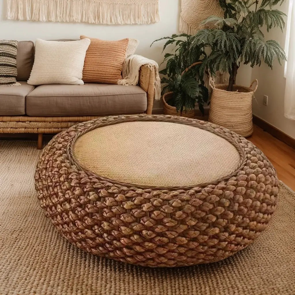 Handwoven Water Hyacinth Rattan Stool, Bohemian Round Ottoman for Bedroom