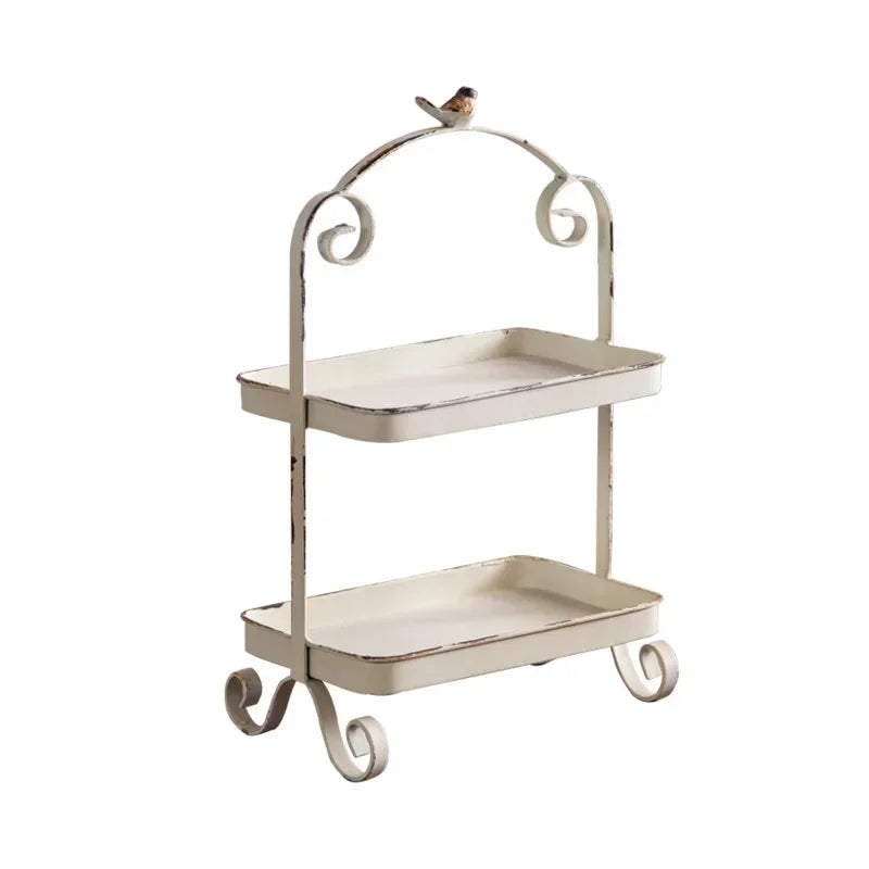 Metal White Double Height Tray with Retro Bird Finale, Cake Stand, Kitchen Storage