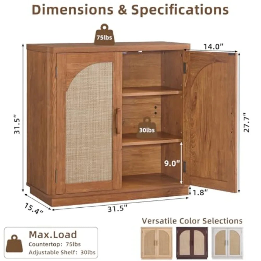 Rattan Sideboard Buffet Cabinet for Kitchen and Living Room Brown Wood