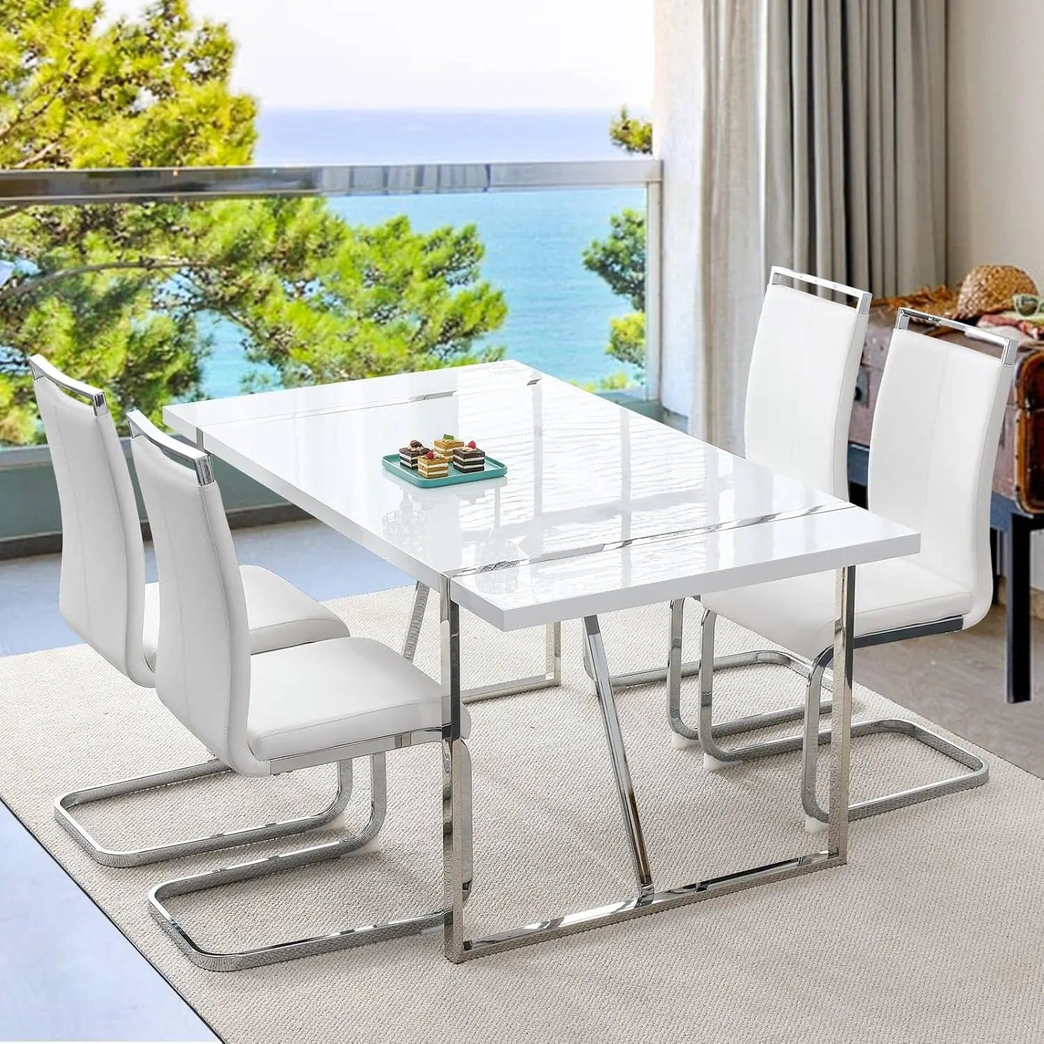 Dining Table Set for 4，White Rectangular Kitchen Table and Leather Dining Chairs
