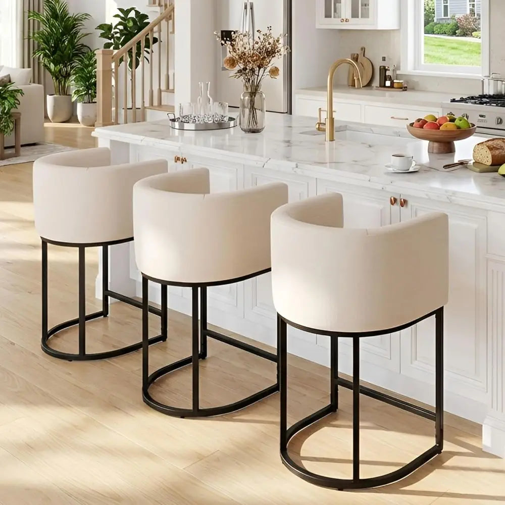 Linen Fabric Upholstered Counter Stools Set of 3, 24 Inch Kitchen Island Bar Stools