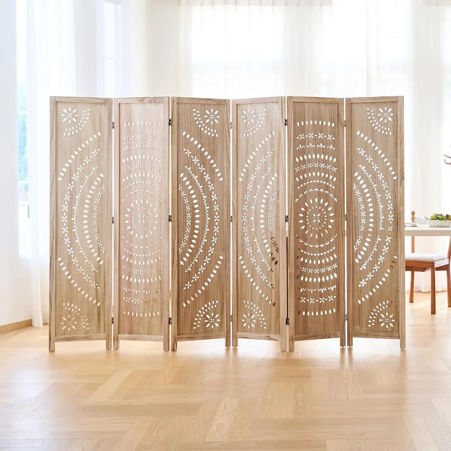 66.9Inch Folding Room Divider, 6 Panels Wood Carved Privacy Screens