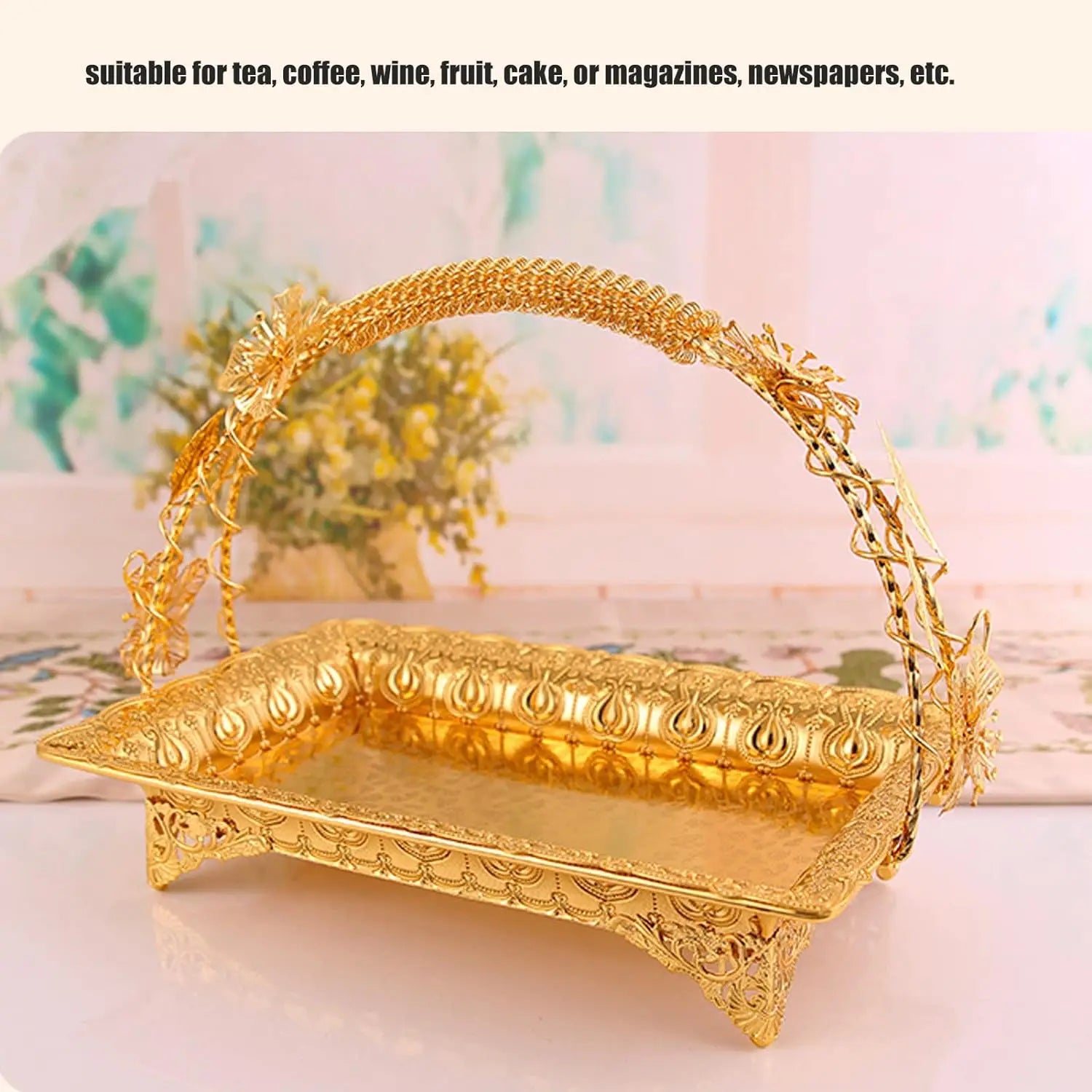 Vintage Gold Zinc Alloy Coffee Serving Tray Sturdy Durable Metal with Handles