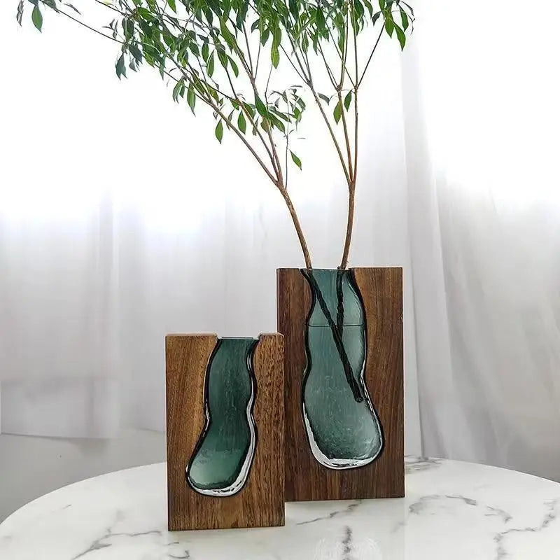 Creative Feng Shui Atmosphere Chinese Wood Glass Vase to Decorate the Home