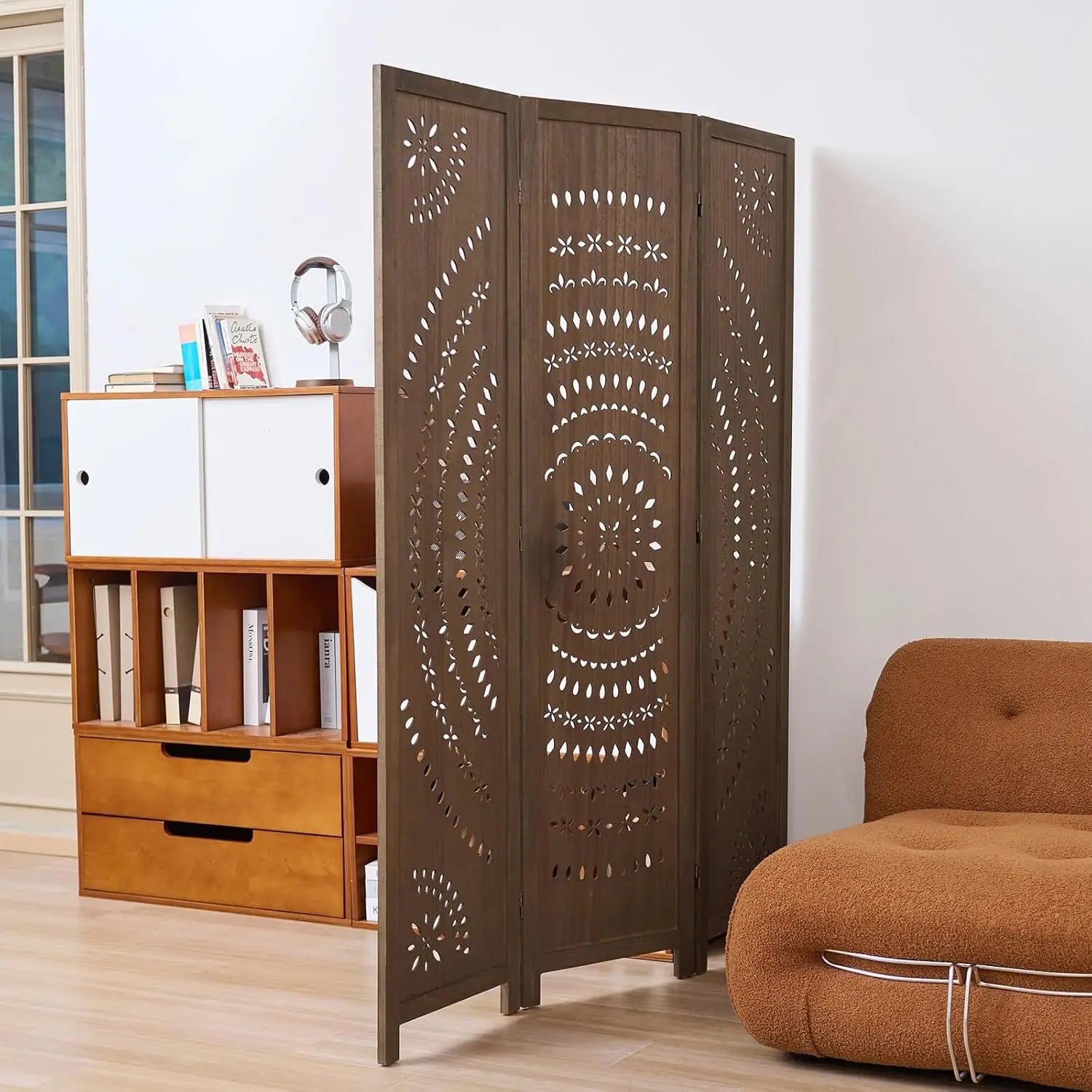 3-Panel Wood Carved Folding Room Divider, Freestanding Privacy Screen