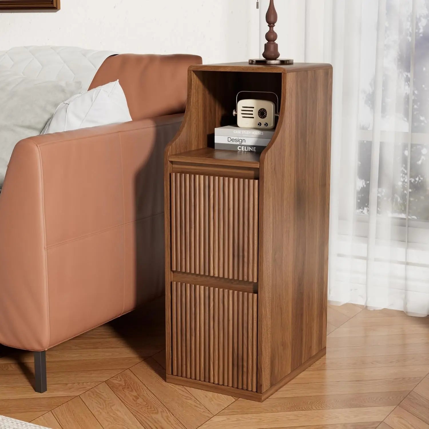 Fluted Narrow Nightstand Set Of 2, Skinny Bedside Table With 2 Drawers
