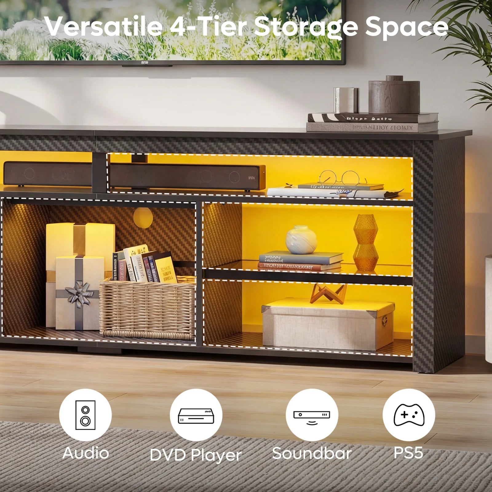 Tall TV Stand for 75 inch TV, LED Entertainment Center with Storage