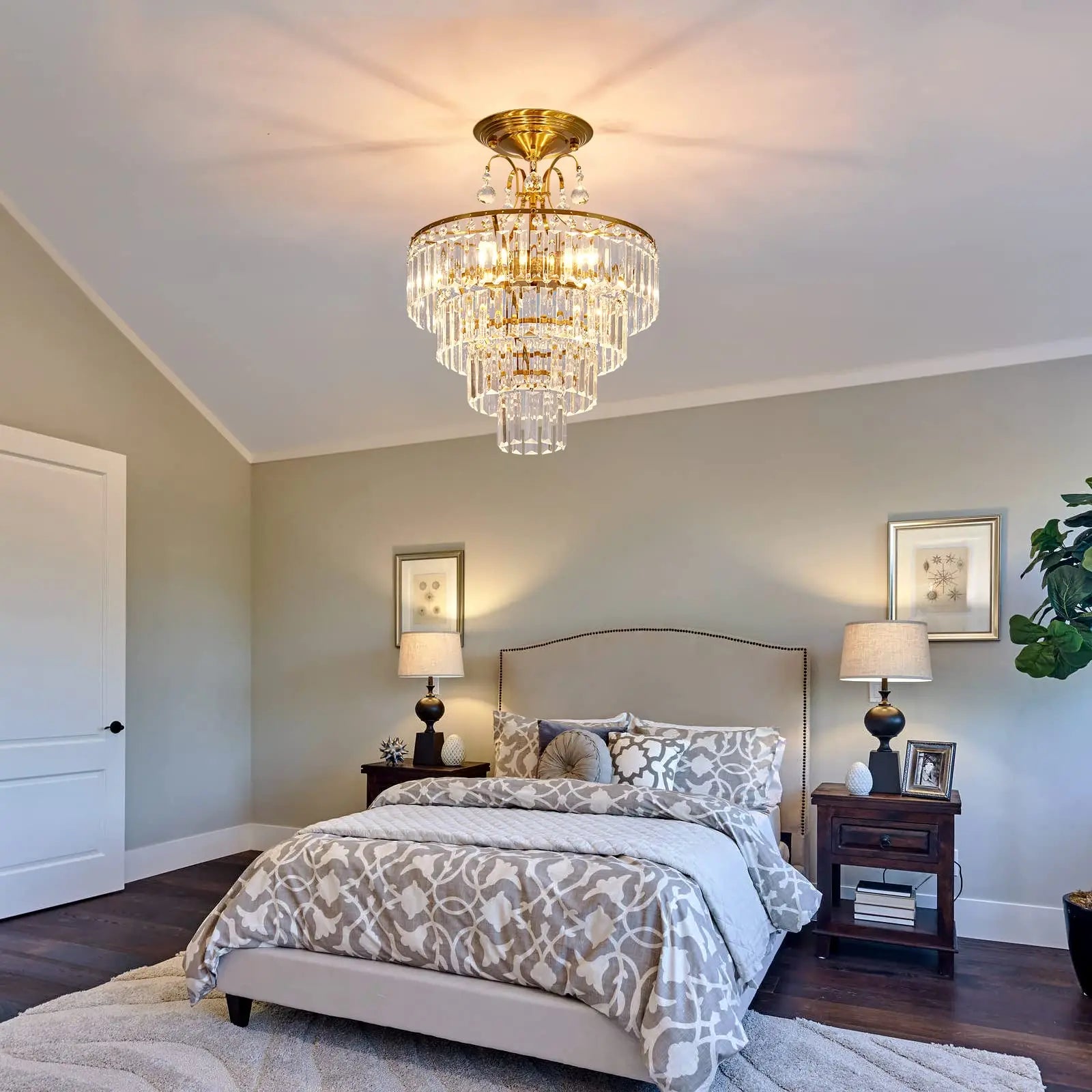 Luxury Gold Crystal Ceiling Light, Round Dimmable Semi-Flush Mount Modern