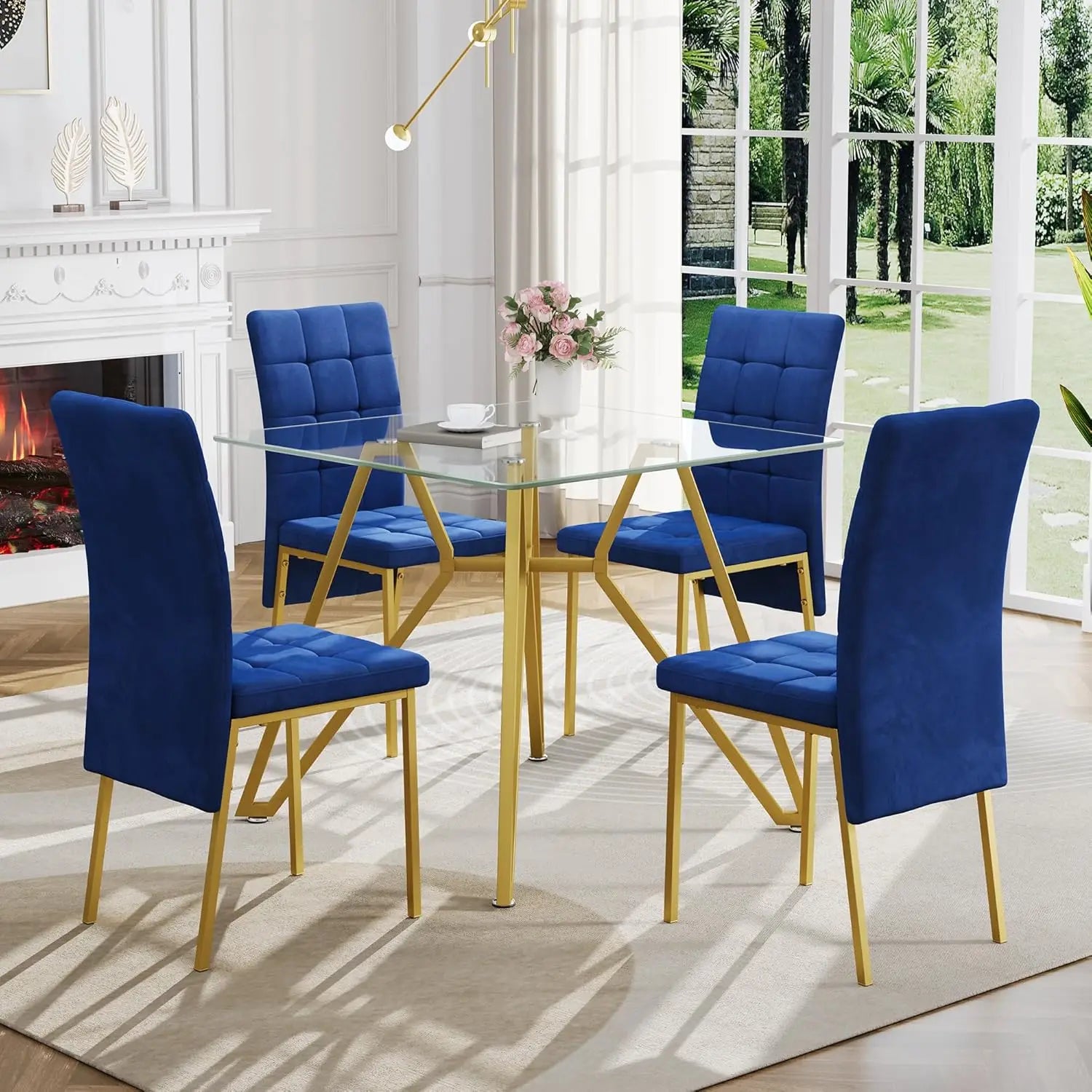 5-Piece Dining Table Set with 4 Blue Chairs, 36