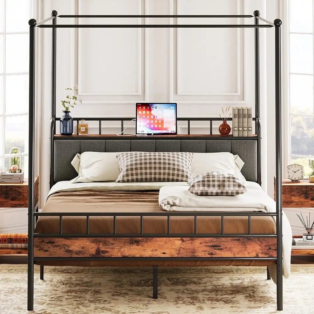Upholstered Bed Frame — Black & Brown, Full, Queen & King
